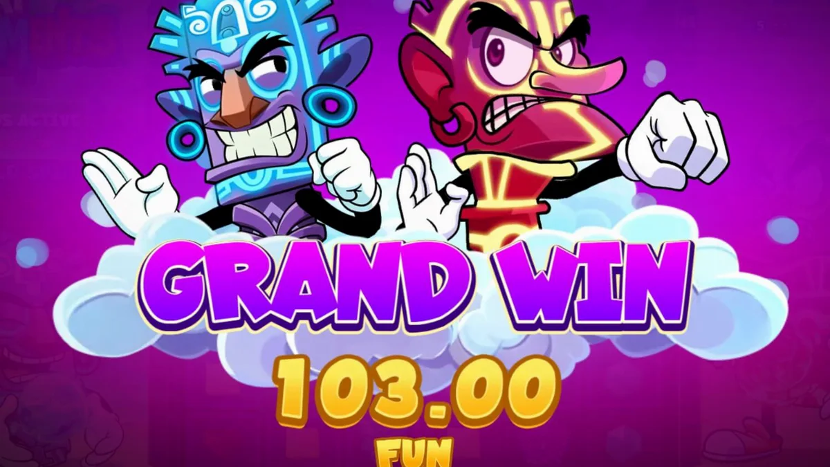 Tampilan layar permainan slot Tiki Elements dengan gulungan 6x8 yang menampilkan simbol-simbol Tiki dan latar belakang pulau tropis yang cerah.