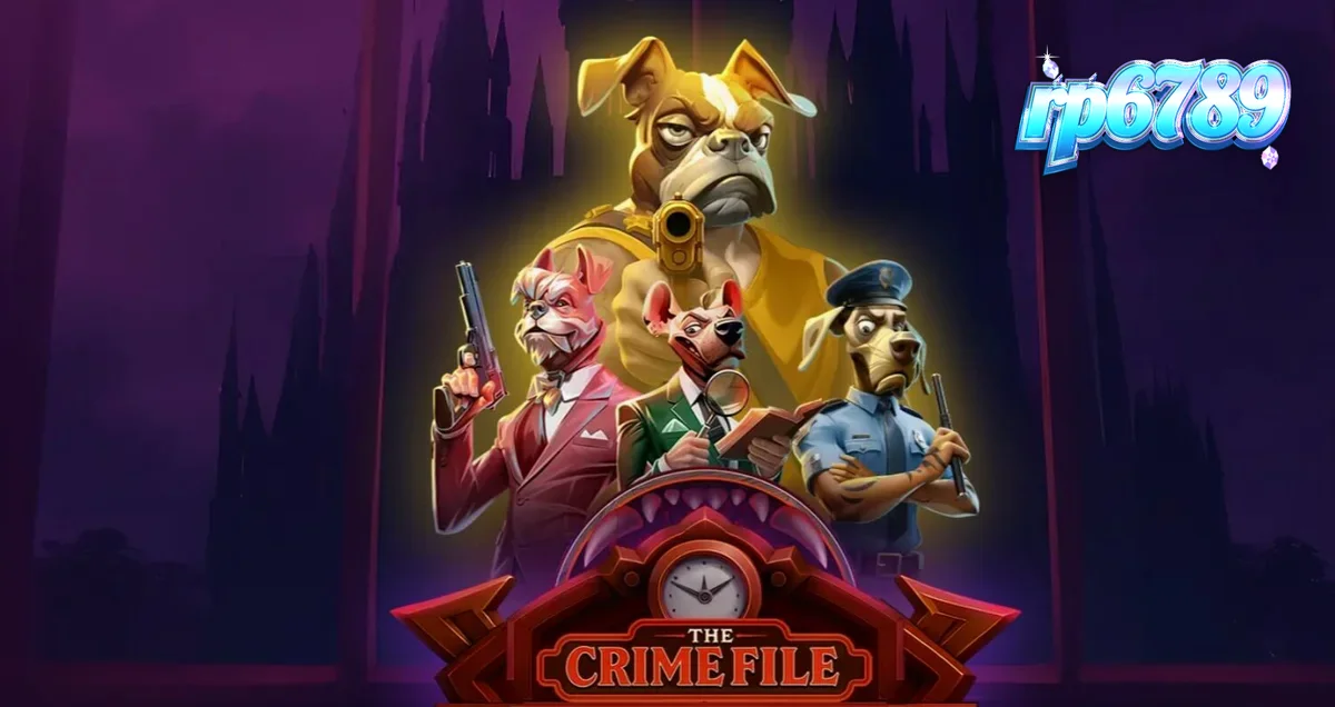 Tampilan visual noir dari slot The Crime File dengan detektif anjing dan suasana kota hujan.